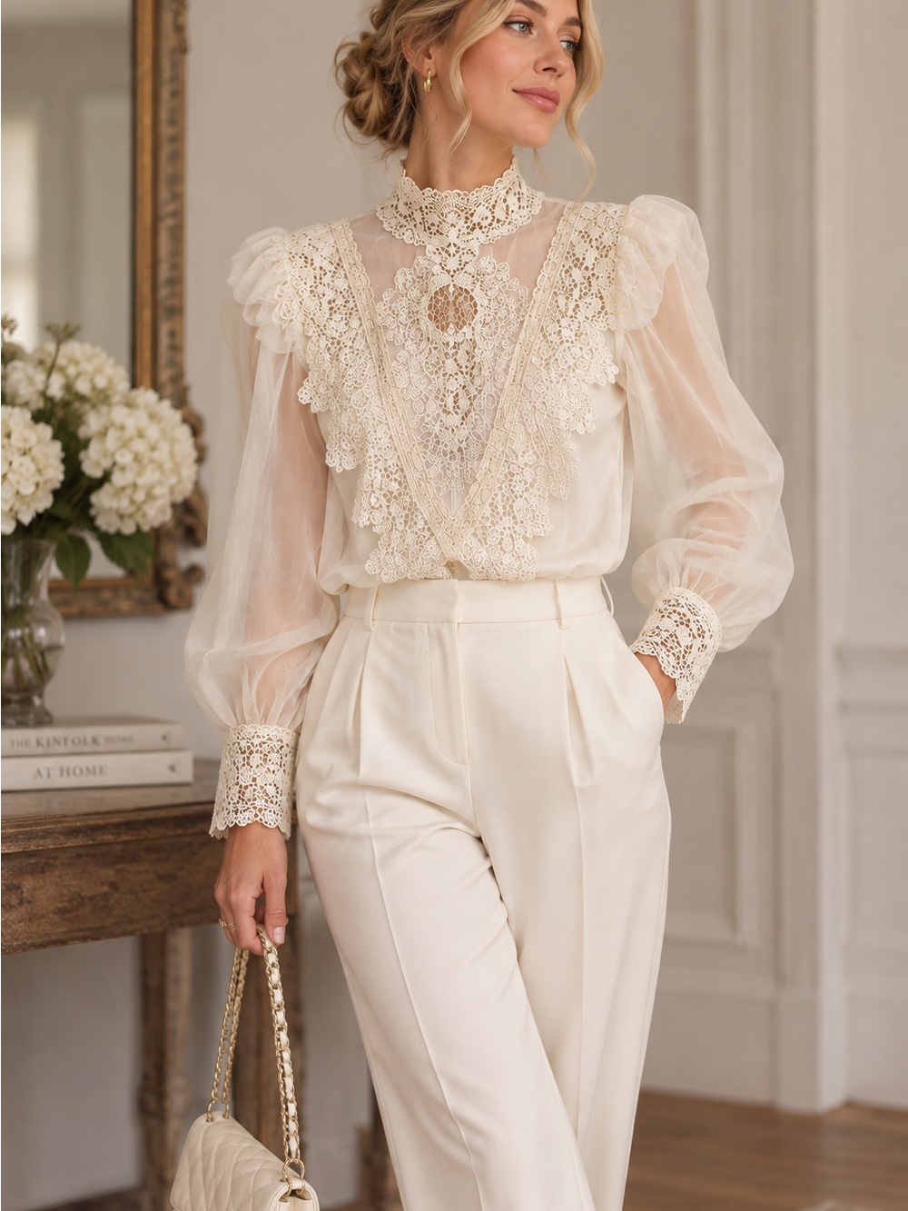 Vintage Scott McClintock Ivory Lace Victorian Blouse Size 14 USA